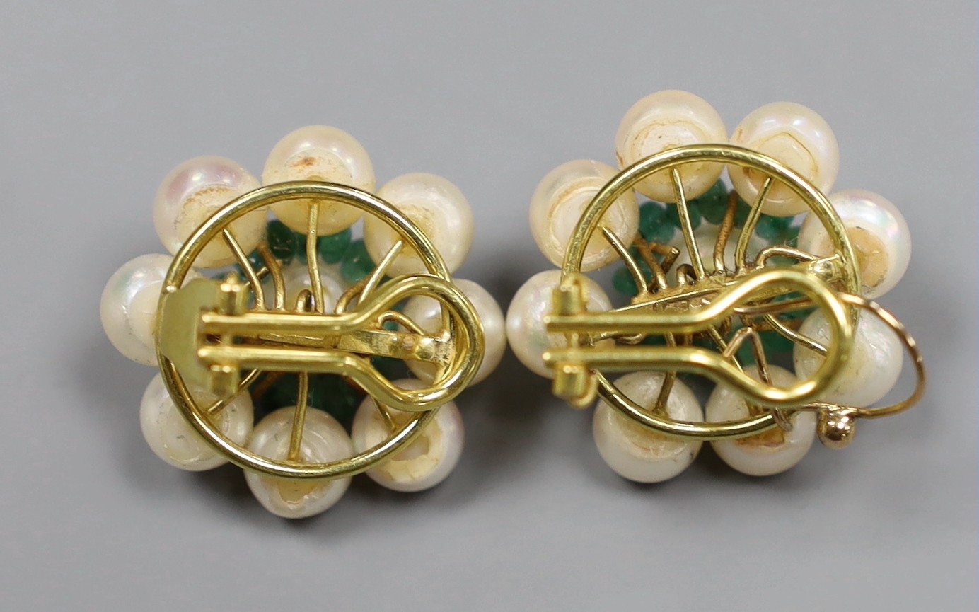 A pair of Indian yellow metal, cultured pearl and emerald bead ear-clips, 2.5cm, gross 17.5 grams